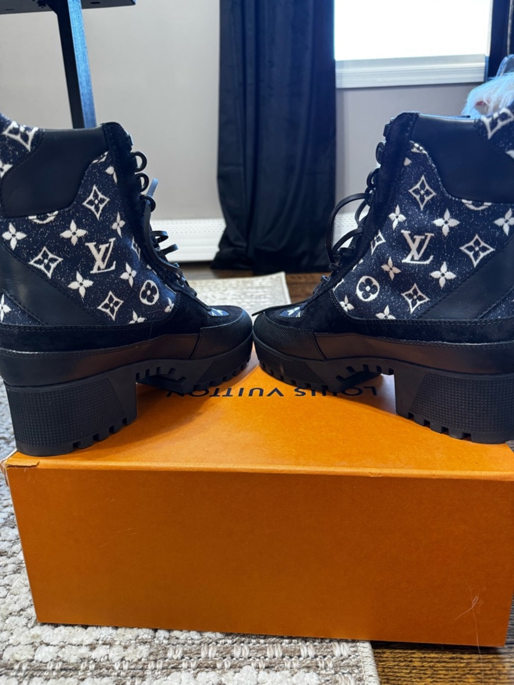 Louis Vuitton Blue and White Monogram Lug Lace-Up Boots. Worn twice - Picture 3 of 8